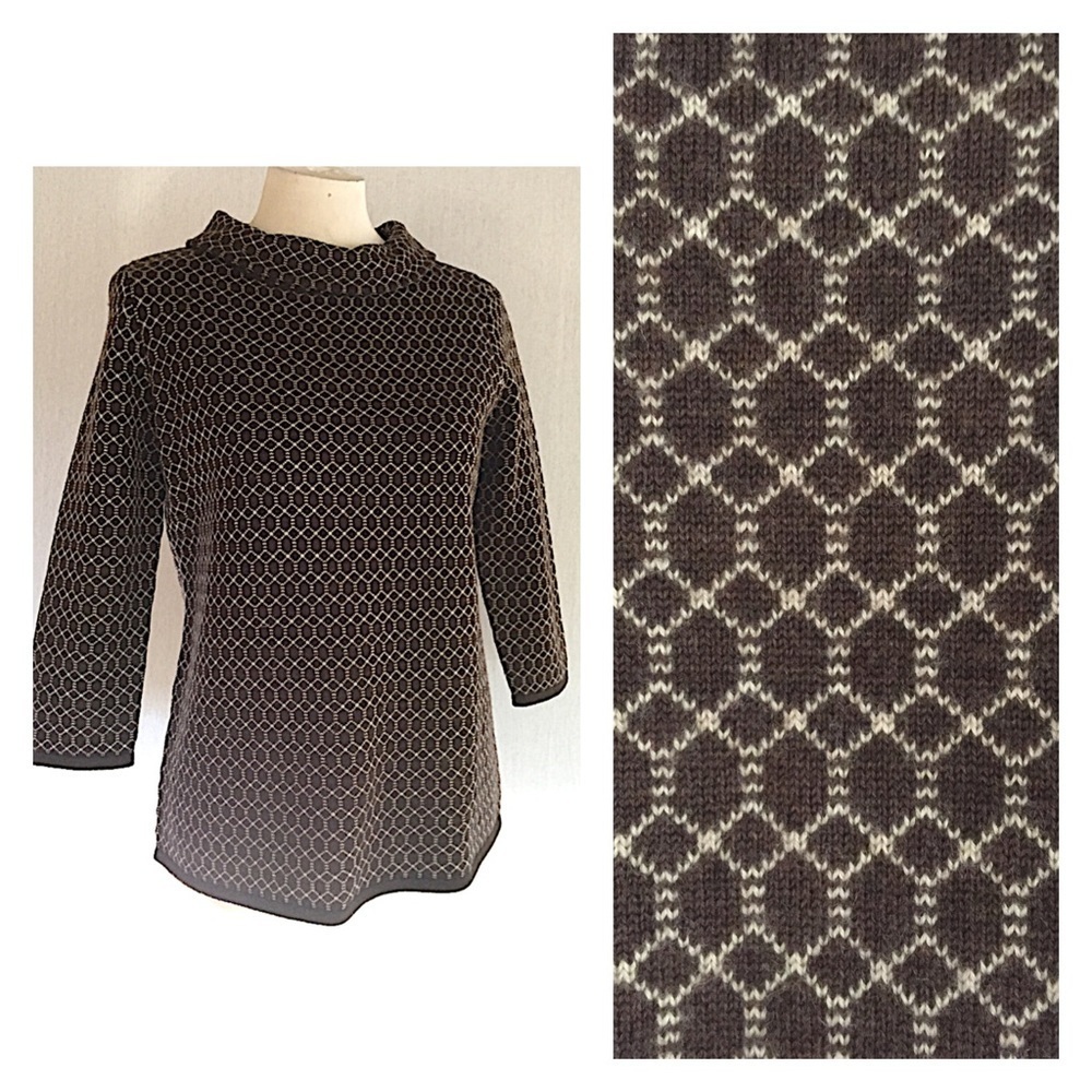 Talbots merino wool fine gauge brown sweater geometric pattern petite